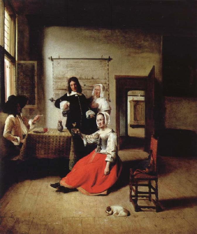 Pieter de Hooch Weintrinkende woman in the middle of these men Spain oil painting art